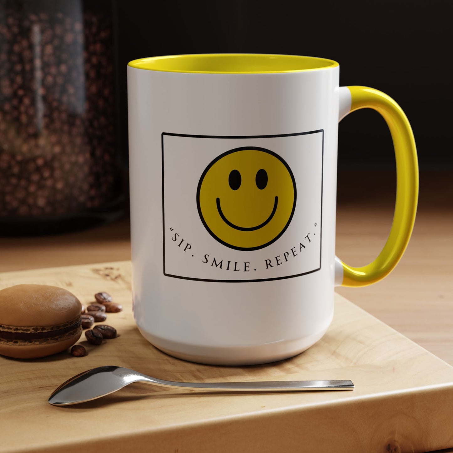 Sip Smile Repeat Coffee Mug — Smiley Face Accent Mug (11/15oz)