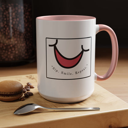 Smile Coffee Mug – "Sip. Smile. Repeat." Accent Ceramic Mug (11/15 oz)