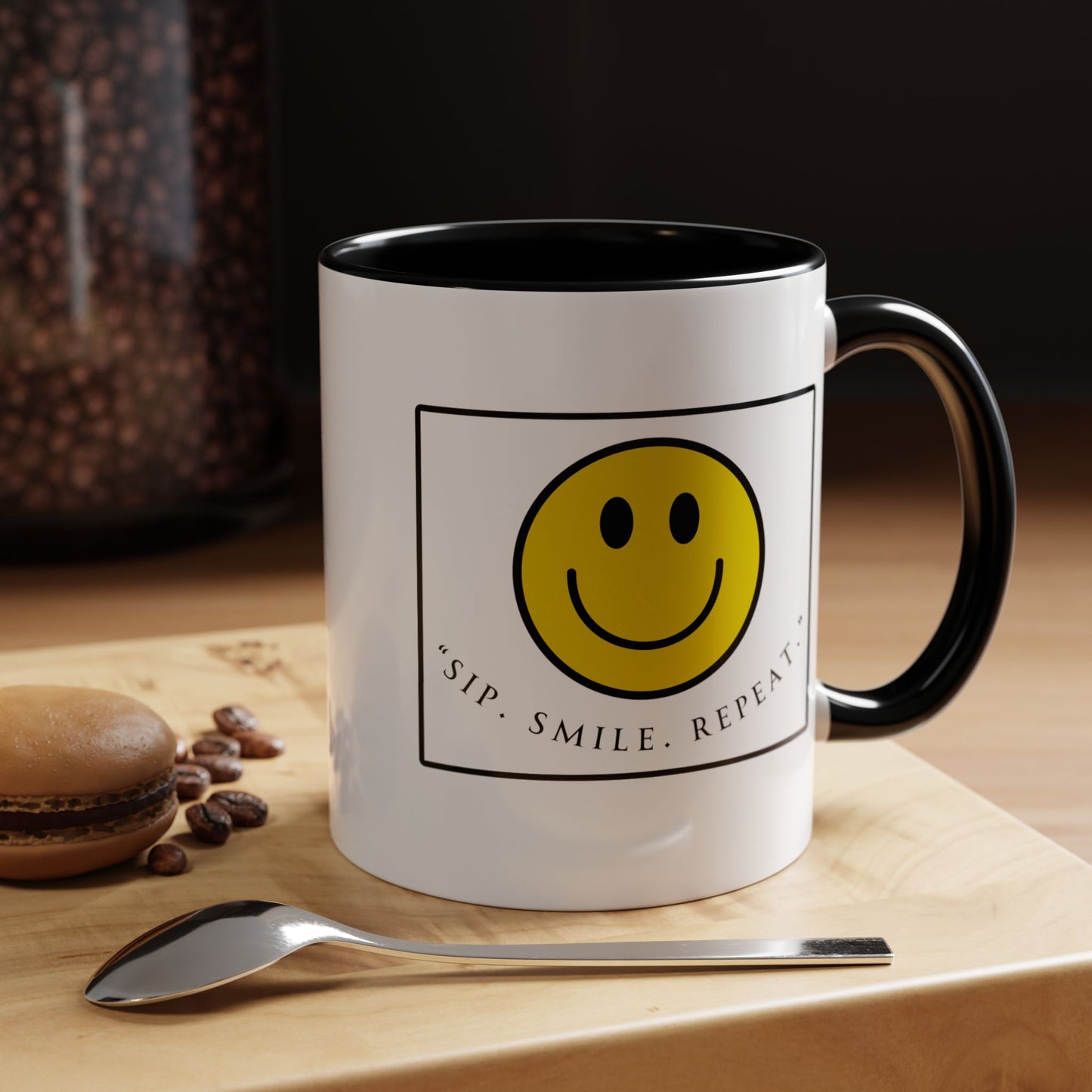 Sip Smile Repeat Coffee Mug — Smiley Face Accent Mug (11/15oz)