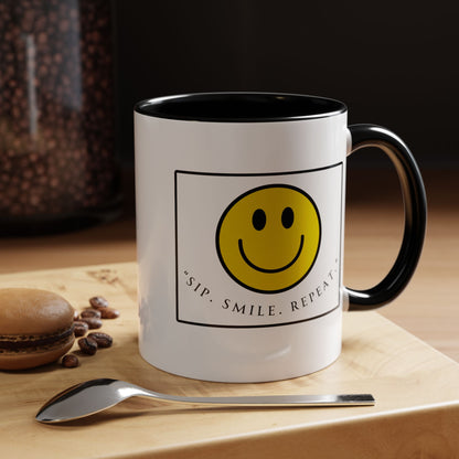 Sip Smile Repeat Coffee Mug — Smiley Face Accent Mug (11/15oz)