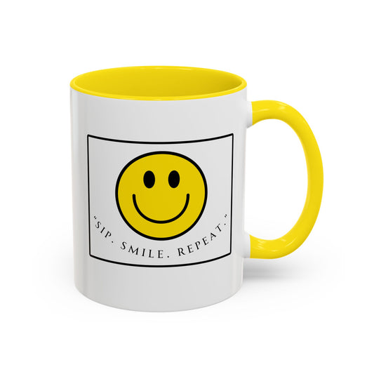 Sip Smile Repeat Coffee Mug — Smiley Face Accent Mug (11/15oz)