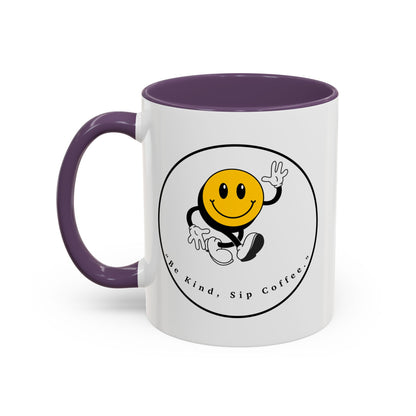 Smile Face Coffee Mug — “Be Kind, Sip Coffee” Accent Ceramic Mug (11/15oz)
