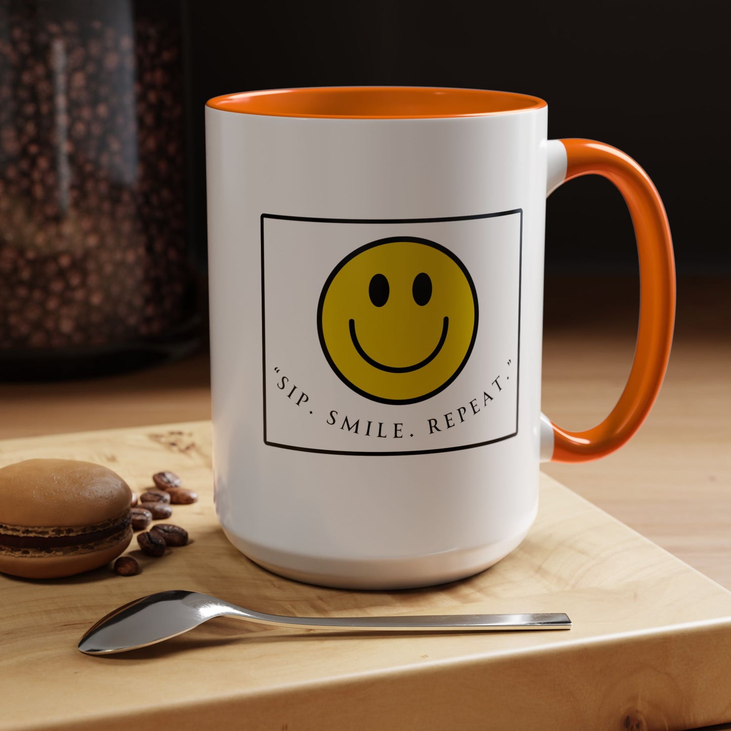 Sip Smile Repeat Coffee Mug — Smiley Face Accent Mug (11/15oz)