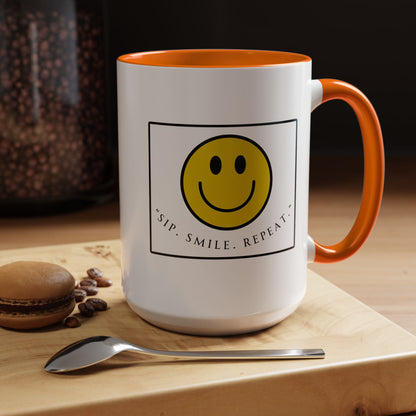 Sip Smile Repeat Coffee Mug — Smiley Face Accent Mug (11/15oz)