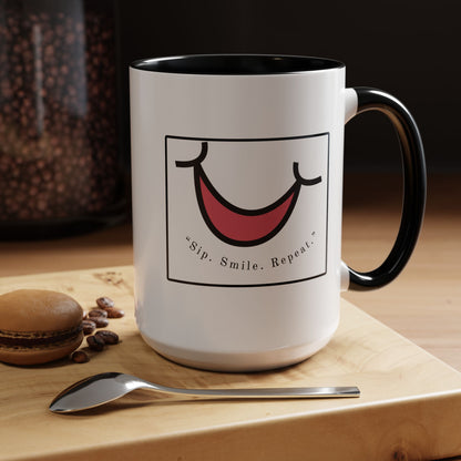 Smile Coffee Mug – "Sip. Smile. Repeat." Accent Ceramic Mug (11/15 oz)