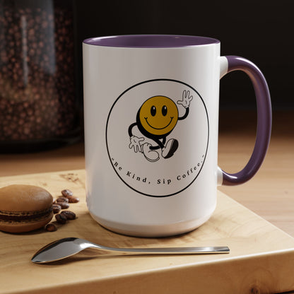 Smile Face Coffee Mug — “Be Kind, Sip Coffee” Accent Ceramic Mug (11/15oz)