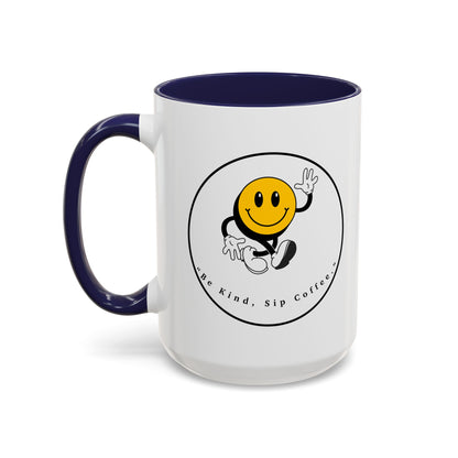 Smile Face Coffee Mug — “Be Kind, Sip Coffee” Accent Ceramic Mug (11/15oz)