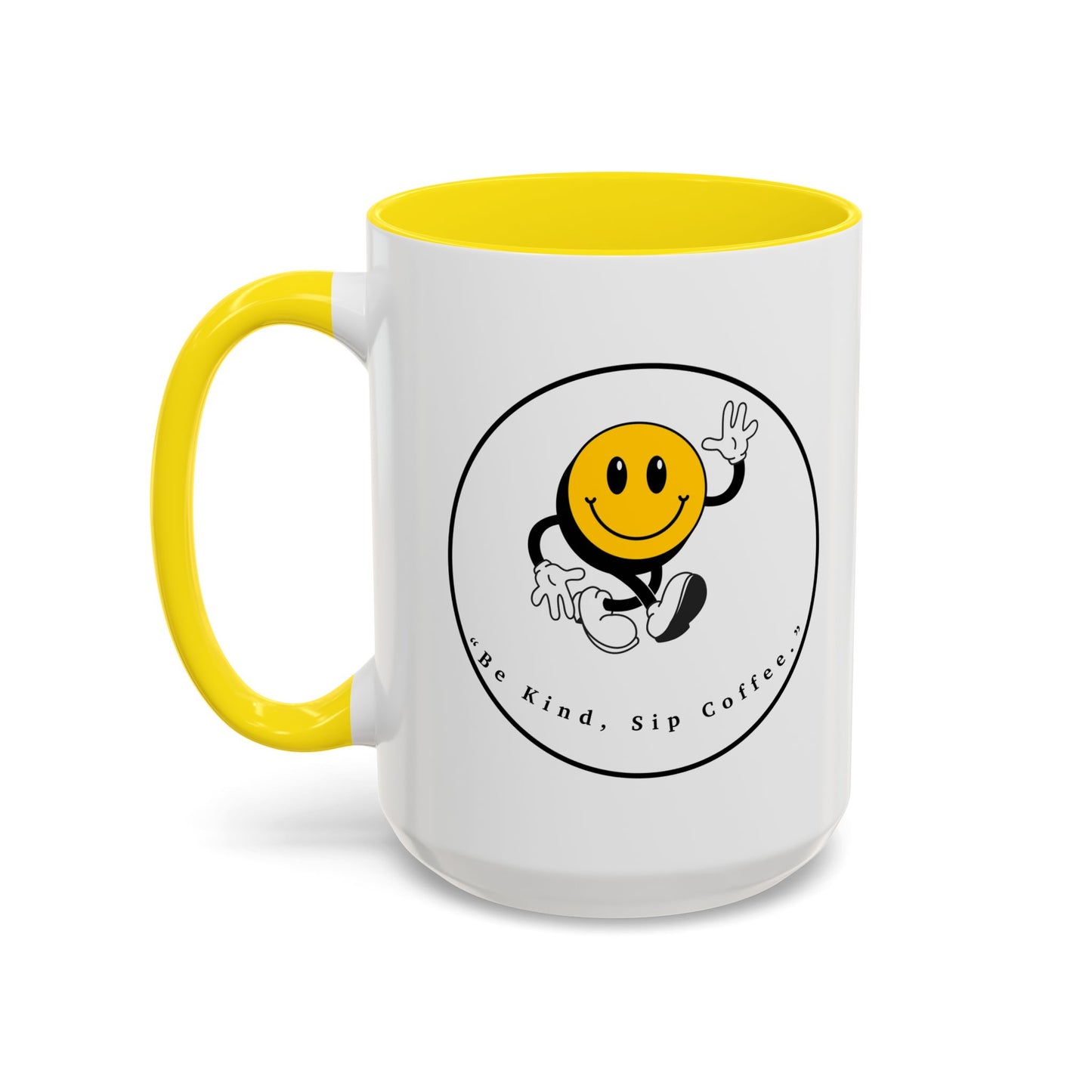 Smile Face Coffee Mug — “Be Kind, Sip Coffee” Accent Ceramic Mug (11/15oz)
