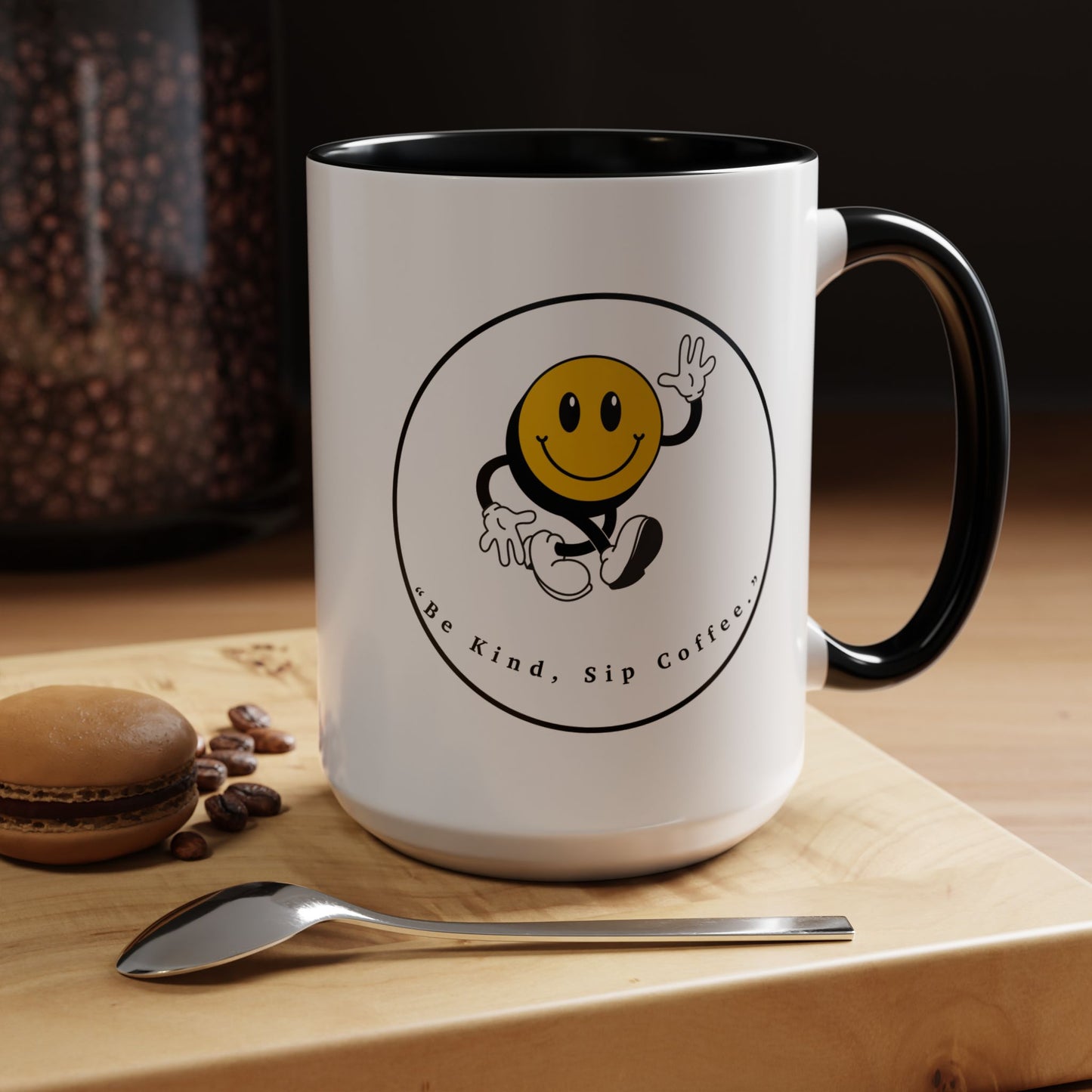 Smile Face Coffee Mug — “Be Kind, Sip Coffee” Accent Ceramic Mug (11/15oz)
