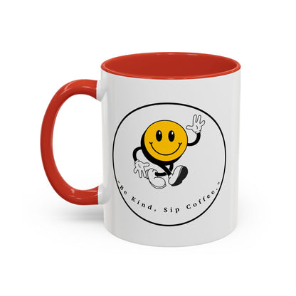 Smile Face Coffee Mug — “Be Kind, Sip Coffee” Accent Ceramic Mug (11/15oz)