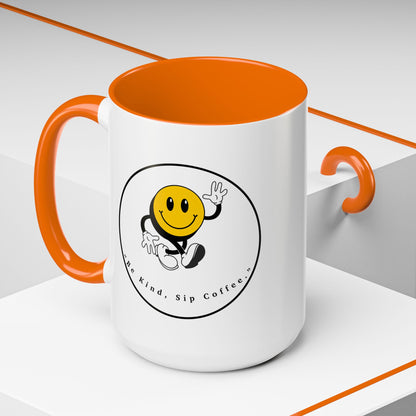 Smile Face Coffee Mug — “Be Kind, Sip Coffee” Accent Ceramic Mug (11/15oz)