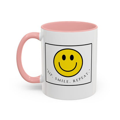 Sip Smile Repeat Coffee Mug — Smiley Face Accent Mug (11/15oz)
