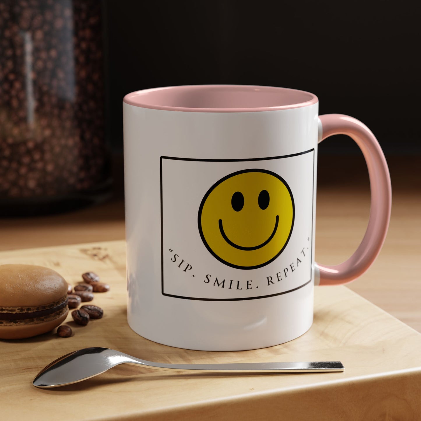 Sip Smile Repeat Coffee Mug — Smiley Face Accent Mug (11/15oz)