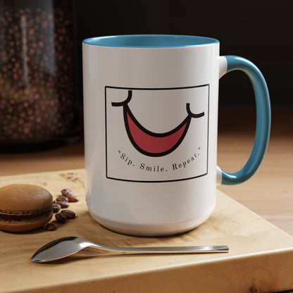 Smile Coffee Mug – "Sip. Smile. Repeat." Accent Ceramic Mug (11/15 oz)