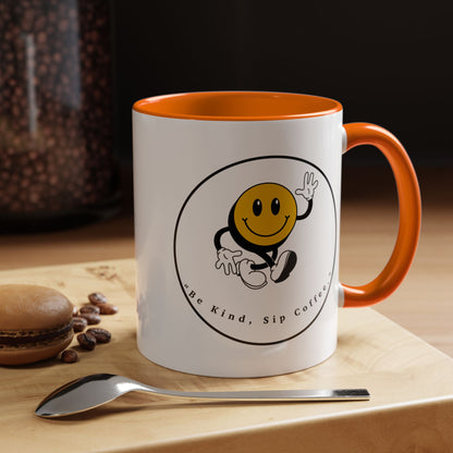 Smile Face Coffee Mug — “Be Kind, Sip Coffee” Accent Ceramic Mug (11/15oz)
