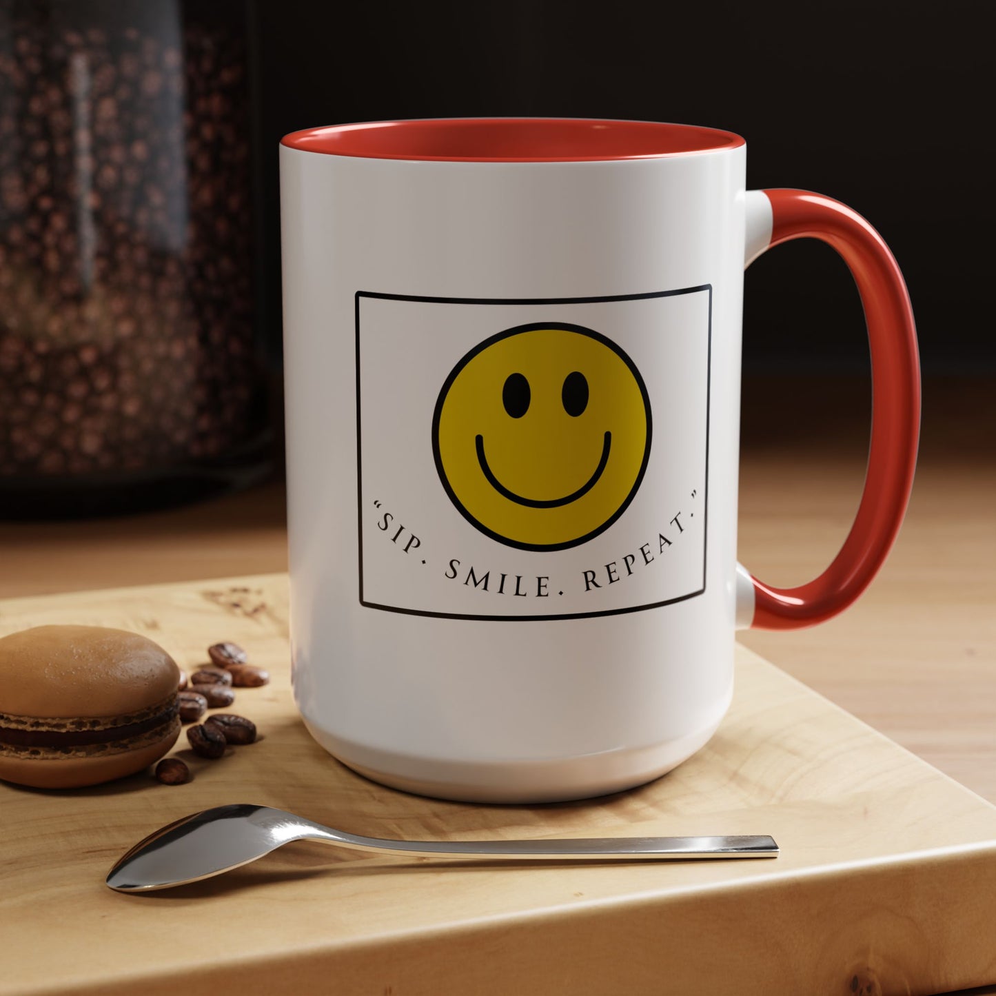 Sip Smile Repeat Coffee Mug — Smiley Face Accent Mug (11/15oz)