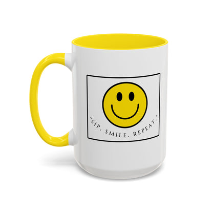 Sip Smile Repeat Coffee Mug — Smiley Face Accent Mug (11/15oz)
