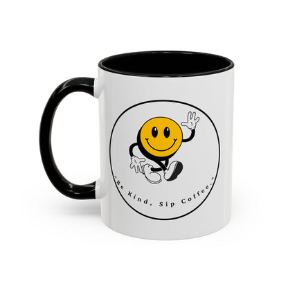 Smile Face Coffee Mug — “Be Kind, Sip Coffee” Accent Ceramic Mug (11/15oz)