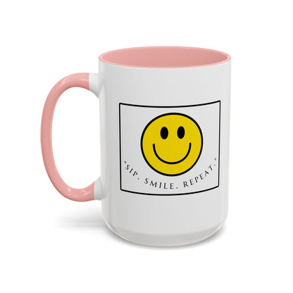 Sip Smile Repeat Coffee Mug — Smiley Face Accent Mug (11/15oz)