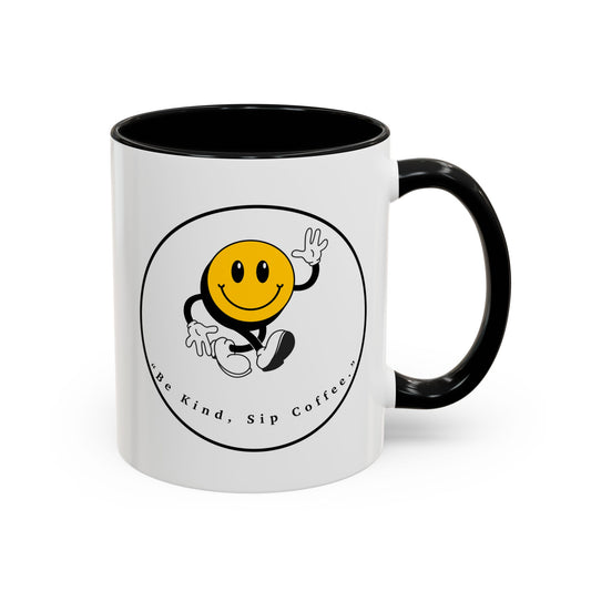 Smile Face Coffee Mug — “Be Kind, Sip Coffee” Accent Ceramic Mug (11/15oz)