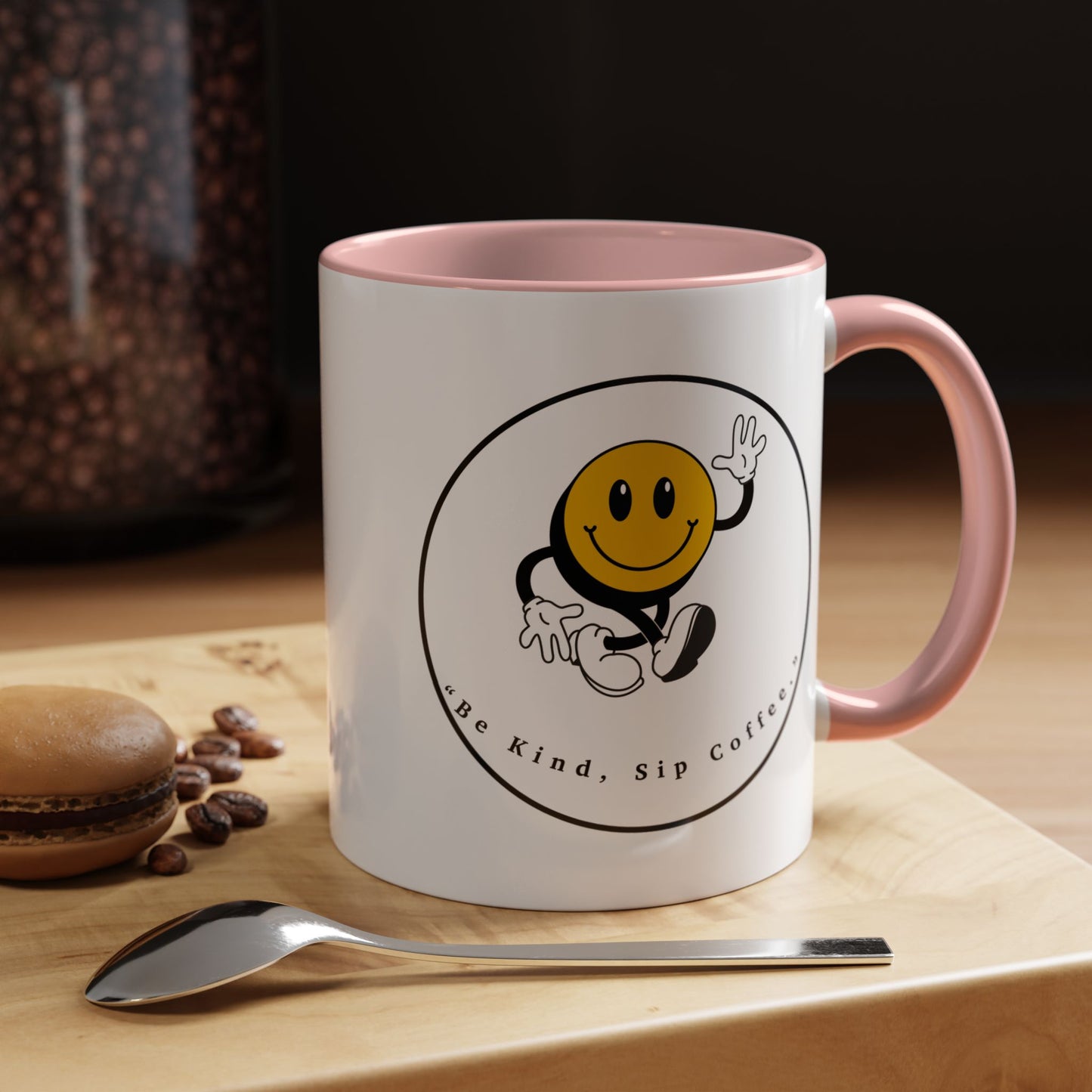 Smile Face Coffee Mug — “Be Kind, Sip Coffee” Accent Ceramic Mug (11/15oz)