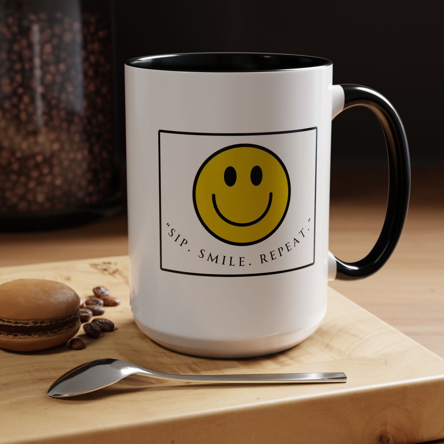 Sip Smile Repeat Coffee Mug — Smiley Face Accent Mug (11/15oz)