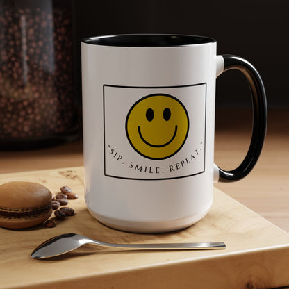 Sip Smile Repeat Coffee Mug — Smiley Face Accent Mug (11/15oz)