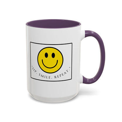 Sip Smile Repeat Coffee Mug — Smiley Face Accent Mug (11/15oz)