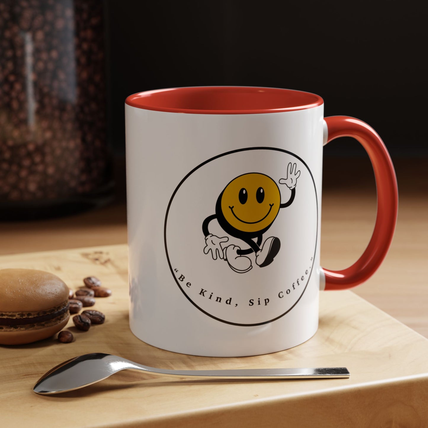 Smile Face Coffee Mug — “Be Kind, Sip Coffee” Accent Ceramic Mug (11/15oz)
