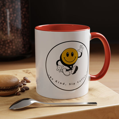 Smile Face Coffee Mug — “Be Kind, Sip Coffee” Accent Ceramic Mug (11/15oz)