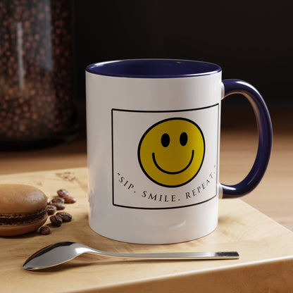 Sip Smile Repeat Coffee Mug — Smiley Face Accent Mug (11/15oz)