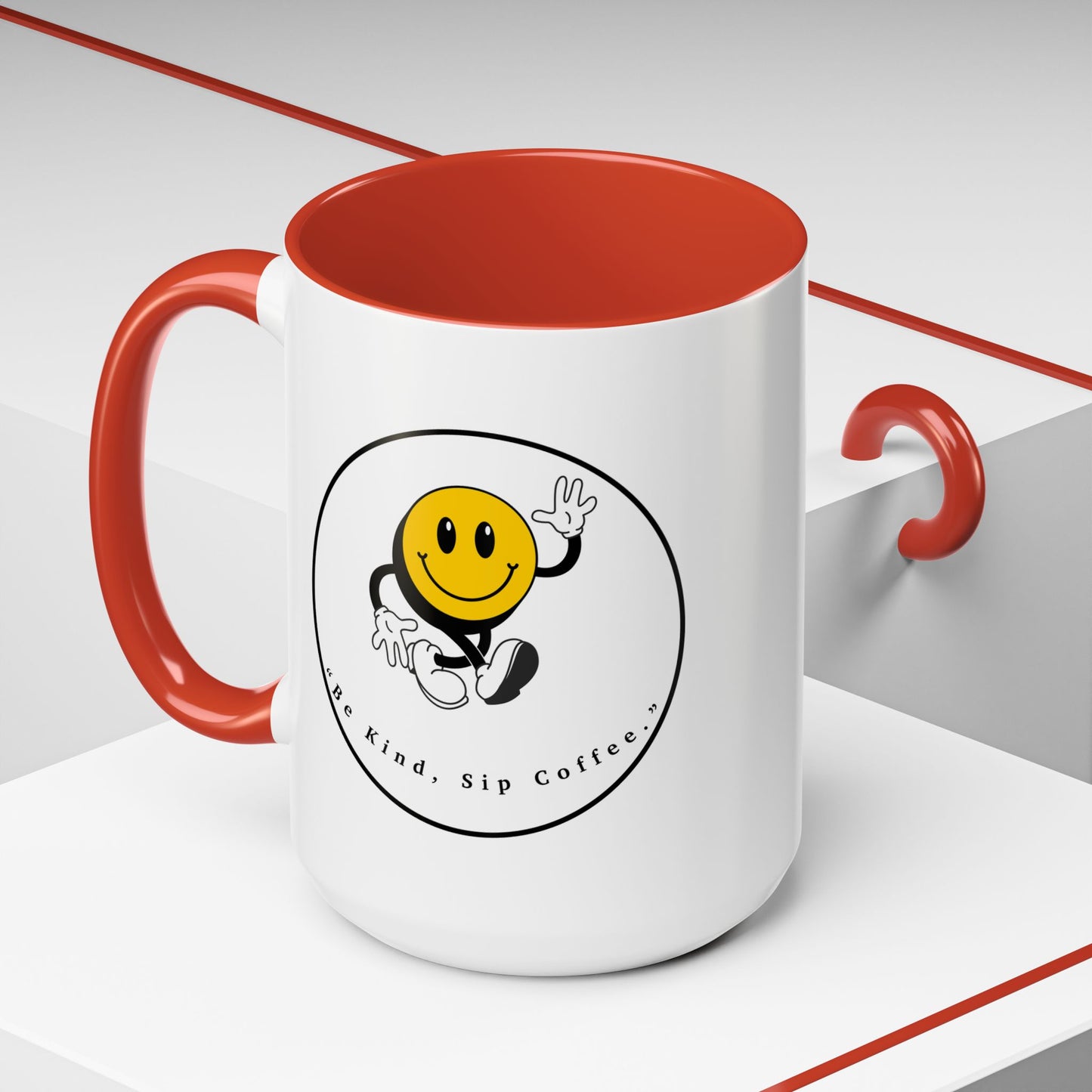 Smile Face Coffee Mug — “Be Kind, Sip Coffee” Accent Ceramic Mug (11/15oz)