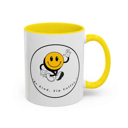 Smile Face Coffee Mug — “Be Kind, Sip Coffee” Accent Ceramic Mug (11/15oz)