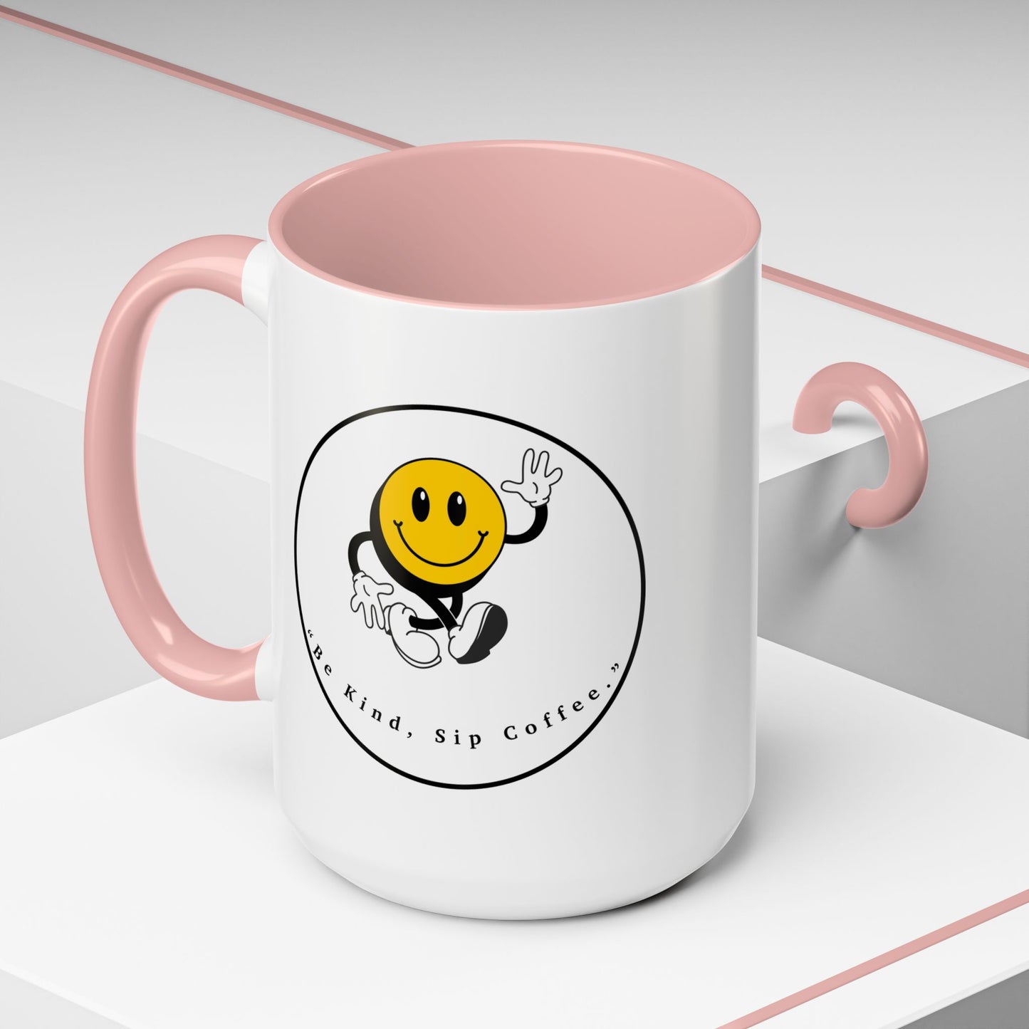 Smile Face Coffee Mug — “Be Kind, Sip Coffee” Accent Ceramic Mug (11/15oz)