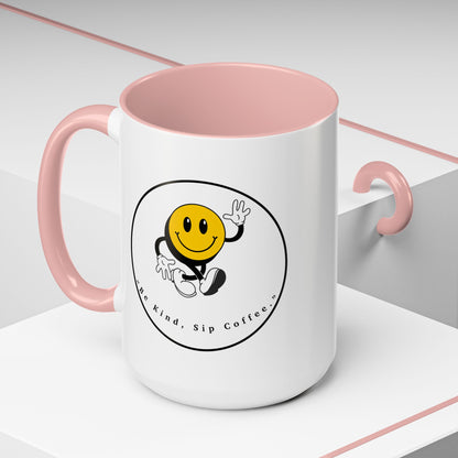 Smile Face Coffee Mug — “Be Kind, Sip Coffee” Accent Ceramic Mug (11/15oz)