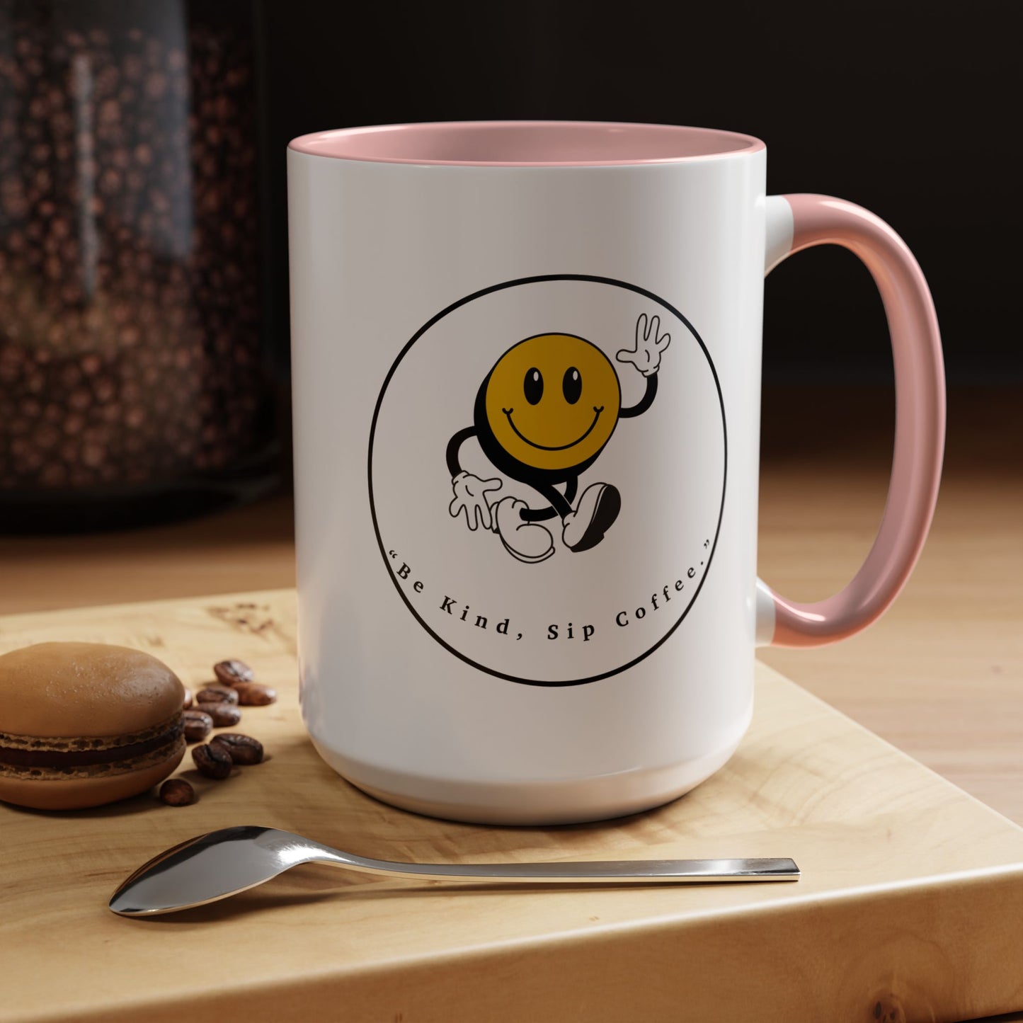 Smile Face Coffee Mug — “Be Kind, Sip Coffee” Accent Ceramic Mug (11/15oz)
