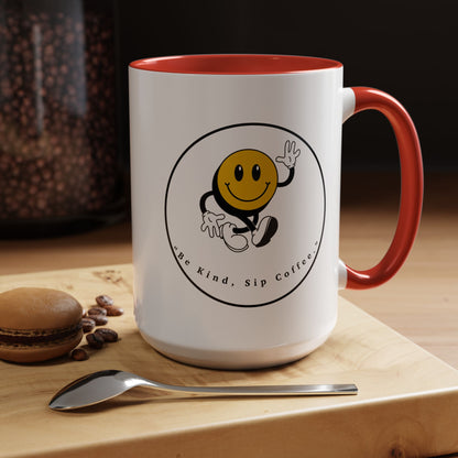 Smile Face Coffee Mug — “Be Kind, Sip Coffee” Accent Ceramic Mug (11/15oz)