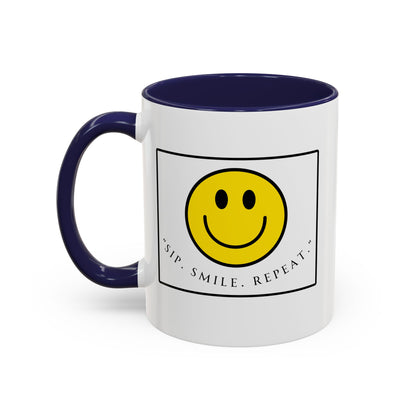 Sip Smile Repeat Coffee Mug — Smiley Face Accent Mug (11/15oz)