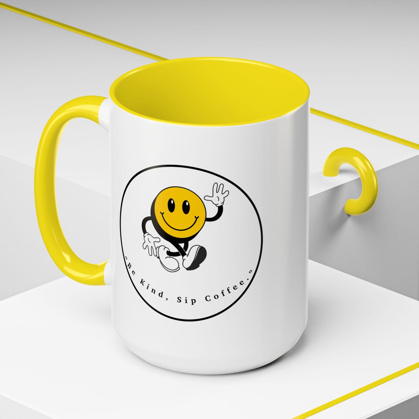 Smile Face Coffee Mug — “Be Kind, Sip Coffee” Accent Ceramic Mug (11/15oz)