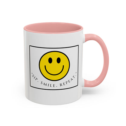 Sip Smile Repeat Coffee Mug — Smiley Face Accent Mug (11/15oz)