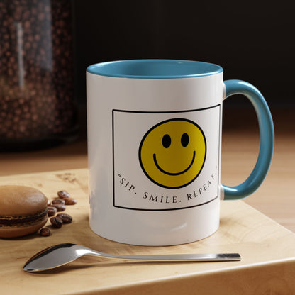 Sip Smile Repeat Coffee Mug — Smiley Face Accent Mug (11/15oz)