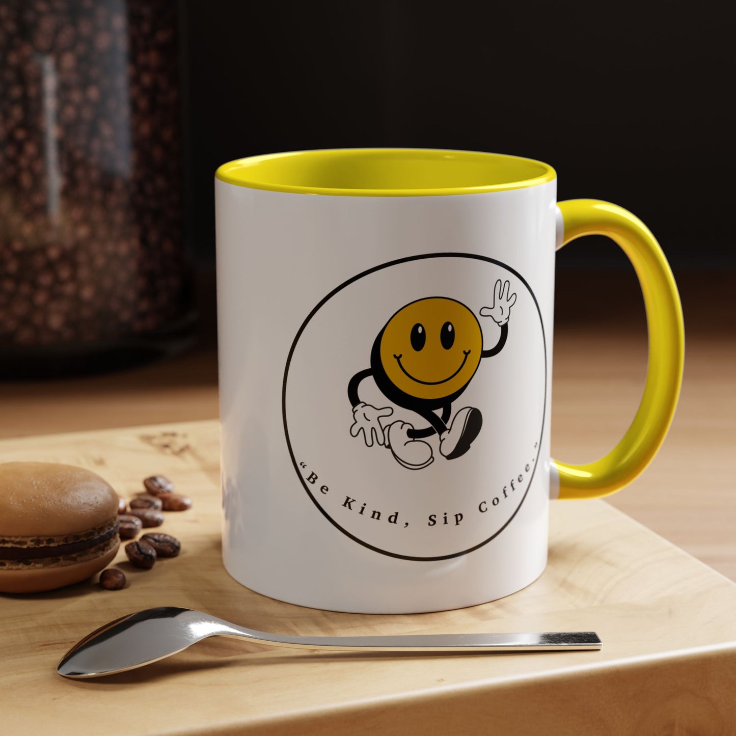 Smile Face Coffee Mug — “Be Kind, Sip Coffee” Accent Ceramic Mug (11/15oz)