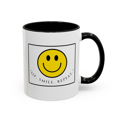 Sip Smile Repeat Coffee Mug — Smiley Face Accent Mug (11/15oz)