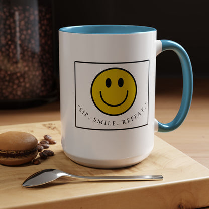 Sip Smile Repeat Coffee Mug — Smiley Face Accent Mug (11/15oz)