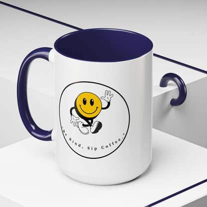 Smile Face Coffee Mug — “Be Kind, Sip Coffee” Accent Ceramic Mug (11/15oz)