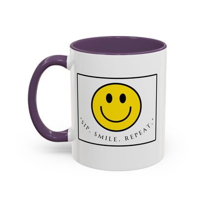 Sip Smile Repeat Coffee Mug — Smiley Face Accent Mug (11/15oz)