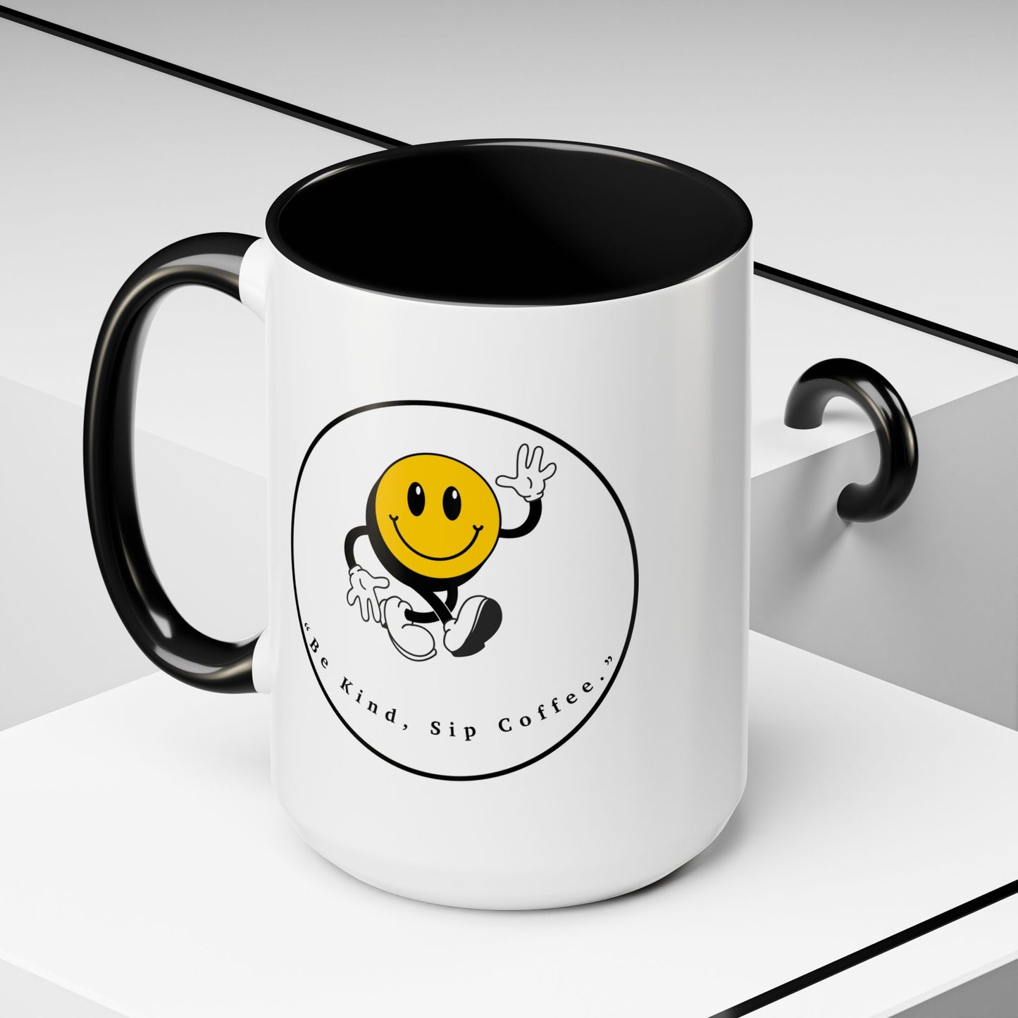 Smile Face Coffee Mug — “Be Kind, Sip Coffee” Accent Ceramic Mug (11/15oz)