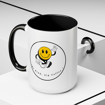 Smile Face Coffee Mug — “Be Kind, Sip Coffee” Accent Ceramic Mug (11/15oz)