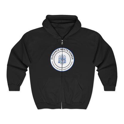 Elegance Meets Power Zip Hoodie – 'Strong Women' Circular Logo
