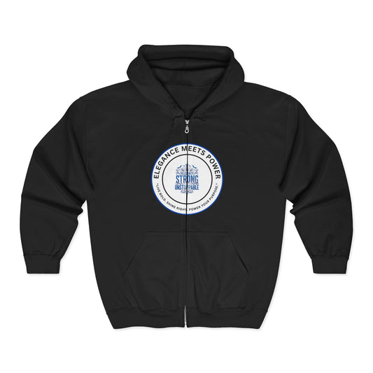 Elegance Meets Power Zip Hoodie – 'Strong Women' Circular Logo